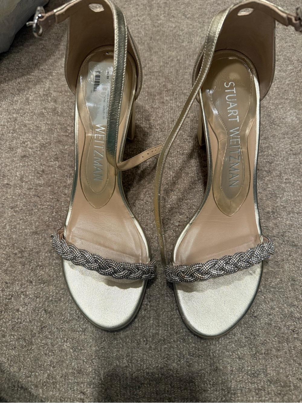 Stuart Weitzman Metallic Gold Braided Front Ankle-Strap Heels